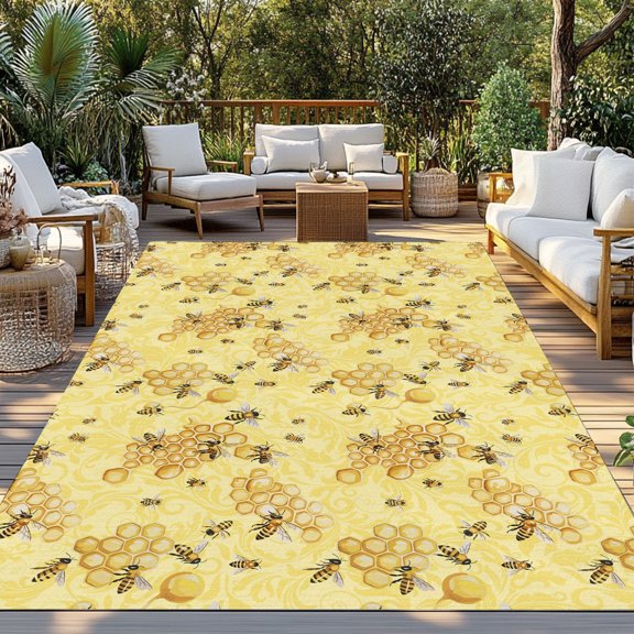 Yellow Bees Indoor Outdoor Rugs 3x5 Ft, Honey Insects Summer Watercolor Style Outdoor Patio Rugs Mat Washable Outside Area Rugs Carpet for Porch Deck RV Camping Pool Balcony Backyard
