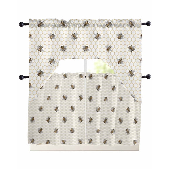 Yellow Bees Kitchen Curtains Set for Windows 3 Piece Cafe Curtains 36 Inch Length Swag Curtains Valances and Tier Set Honeybee Geometric Hive Simple Pastoral Drapes for Bedroom Bathroom Living Room