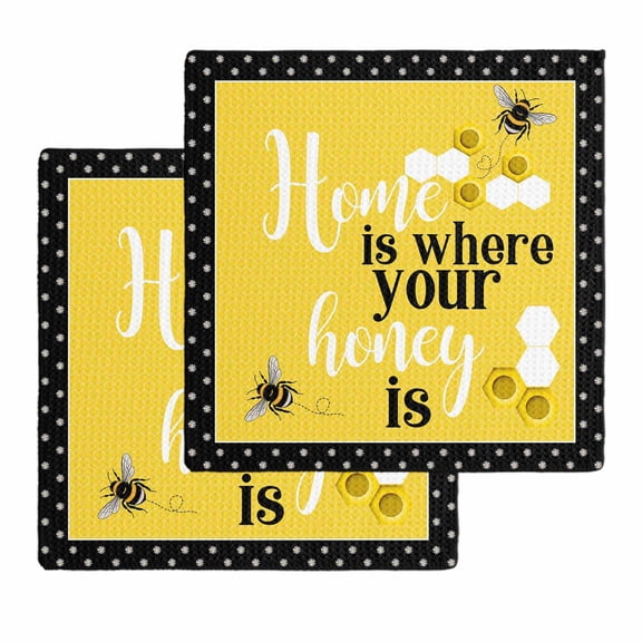 Yellow Bees Kitchen Dish Towels for Drying Dishes Set of 2, Spring Summer Watercolor Honey Textured Waffle Weave Microfiber Hand Tea Bathroom Towels Quick Dry & Absorbent Towel 12x12