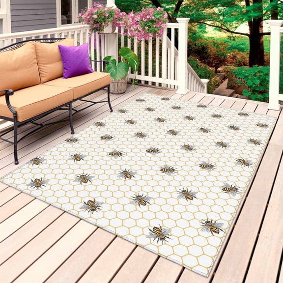 Yellow Bees Outdoor Rug 4x6 Ft, Non Slip Washable Area Rug, Honeybee Geometric Hive Simple Pastoral Patio Rugs Carpet Runner, Large Floor Mat for Indoor/Outdoor Deck Porch Camping