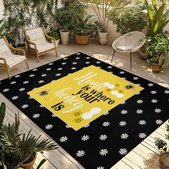 Yellow Bees Outdoor Rug for Patio/Deck/Porch, Non-Slip Large Area Rug 3 x 5 Ft, Spring Summer Watercolor Honey Textured Indoor Outdoor Rugs Washable Area Rugs, Reversible Camping Rug Carpet Runner