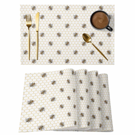 Yellow Bees Placemats Set of 12 Honeybee Geometric Hive Simple Pastoral Place Mats Indoor Wipeable Table Mats Washable Cloth Dining Table Placemats for Kitchen Holiday Party Home Decor 13x19 Inch