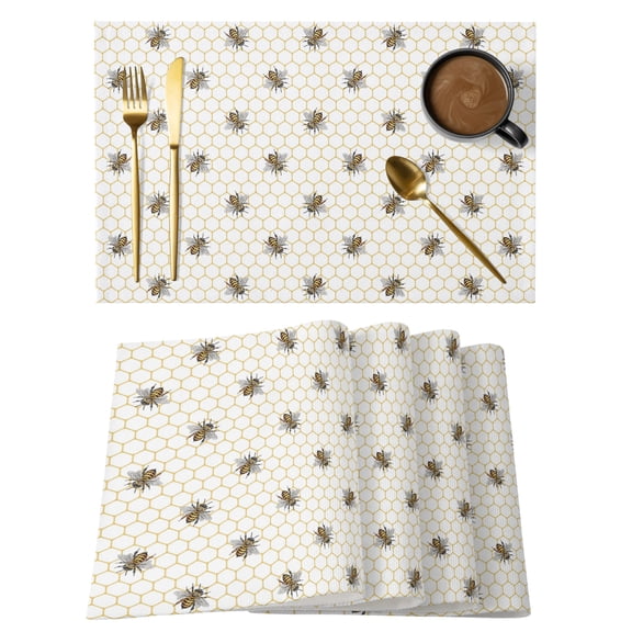 Yellow Bees Placemats Set of 2, Cotton Linen Fabric Place Mats, Honeybee Geometric Hive Simple Pastoral Washable Decorative Table Mats Protector for Home Kitchen Dining Wedding Party Coffee Tables