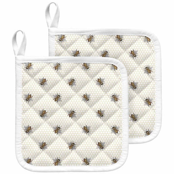 Yellow Bees Pot Holders for Kitchen Heatproof Potholder, 2 Pack Honeybee Geometric Hive Simple Pastoral Hot Pads Multipurpose Oven Pads Cloth Potholders Trivet for Cooking and Baking