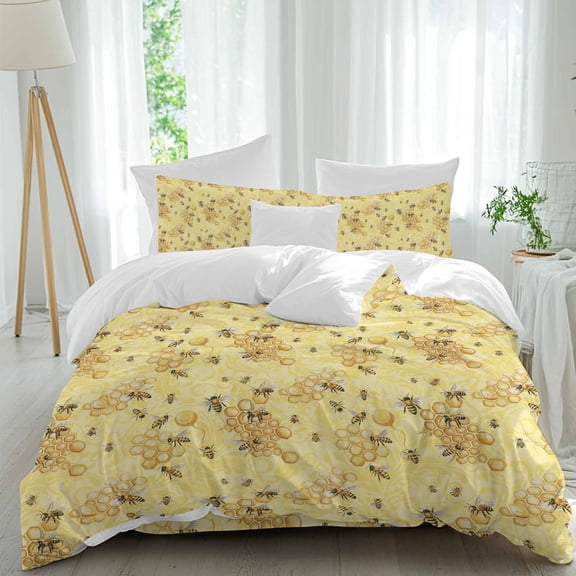 Yellow Bees Queen Size Comforter Set, Honey Insects Summer Watercolor Style Bedding for All Seasons, 4 Pcs Bed Set, 1Quiltcover (90"x92") ,1Sheet(94"x116"), 2Pillowcases (30"x20")