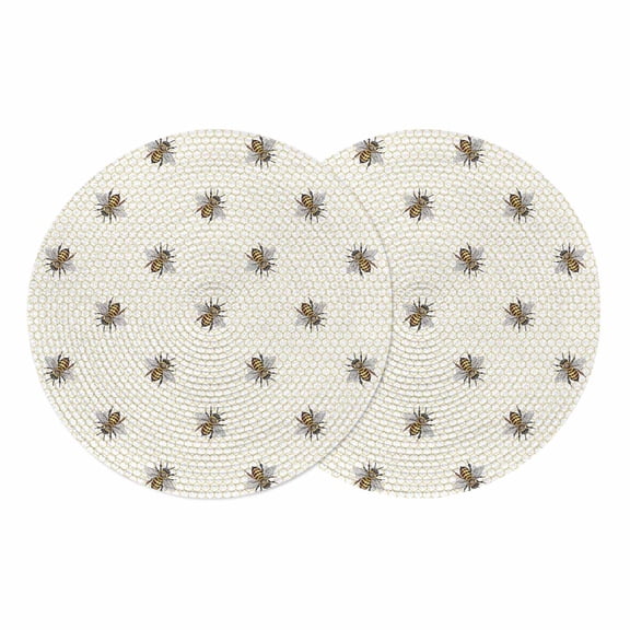 Yellow Bees Round 13 Inch Placemats Set of 2, Honeybee Geometric Hive Simple Pastoral HeatResistant Non Slip Place Mats for Dining Table, Wipeable Braided Kitchen Table Mats for Housewarming