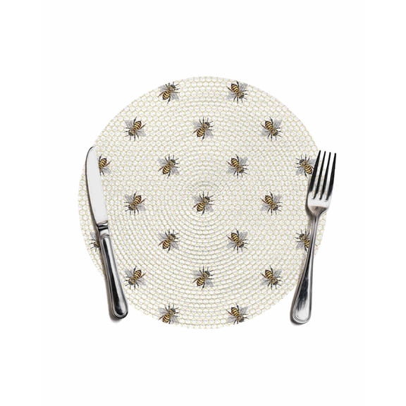 Yellow Bees Round Placemats for Dinning Tables,Heat-proof Braided Table Mats 13 Inch,Honeybee Geometric Hive Simple Pastoral Washable Place Mat for Kitchen Restaurant Party Decor Table Setting