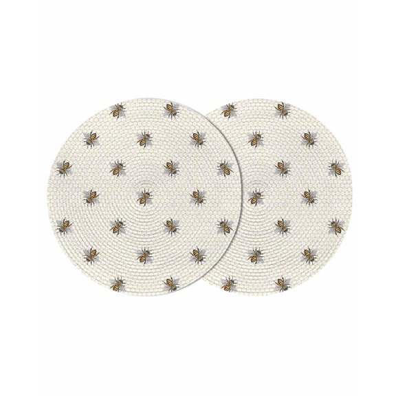 Yellow Bees Round Placemats Set of 2 for Dinning Tables,Heat-proof Braided Table Mats 13 Inch,Honeybee Geometric Hive Simple Pastoral Washable Place Mat for Kitchen Restaurant Party Table Decor