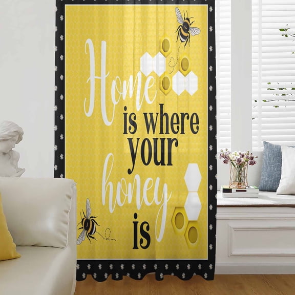 Yellow Bees Semi Sheer Curtains Drapes for Living Room, Bedroom, French Doors Window 45 Inches Long, Spring Summer Watercolor Honey Textured Rod Pocket Chiffon Curtain Drapery Voile Draperies Panel