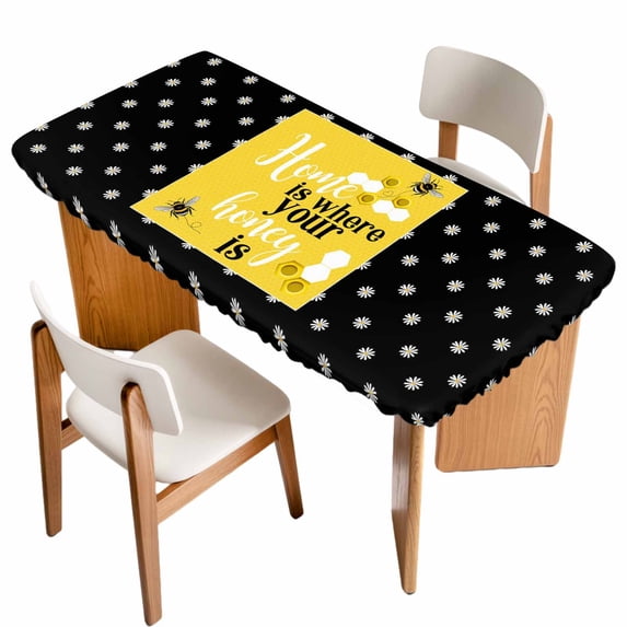Yellow Bees Table Cloths for 6 Foot Rectangle Tables, Spring Summer Watercolor Honey Textured Patio Waterproof Elastic Fitted Tablecloths, Washable Rectangular Table Cover for Camping