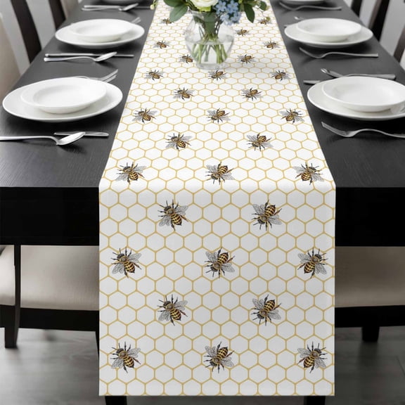 Yellow Bees Table Runner 36 Inches Long, Honeybee Geometric Hive Simple Pastoral Kitchen Coffee Dining Table Decoration for Home Party Birthday Wedding Home Decor 13x36 Inches
