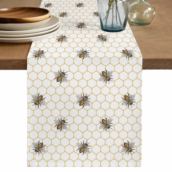 Yellow Bees Table Runner, Honeybee Geometric Hive Simple Pastoral Washable Cotton Linen Table Runners 36 Inches Long, Dresser Scarf Runner for Nightstand/End Tables/Round Tables 13''x36''
