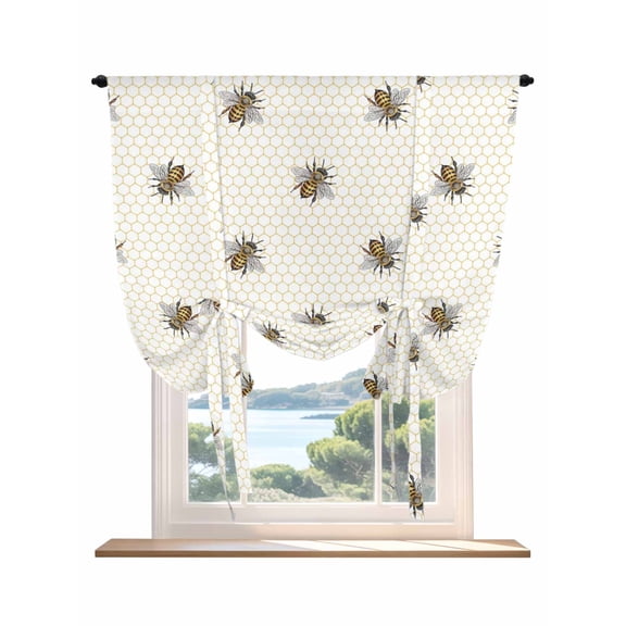 Yellow Bees Tie Up Curtains for Windows 45 Inch Length Balloon Curtains Kitchen Adjustable Balloon Window Shade Honeybee Geometric Hive Simple Pastoral Tie Up Valance Bathroom Curtain Window 34"x45"