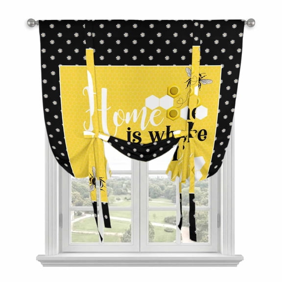 Yellow Bees Tie Up Curtains for Windows, Adjustable Balloon Window Shades, Spring Summer Watercolor Honey Textured Kitchen Window Treatments Farmhouse Short Curtains with Rod Pocket 42"x45"