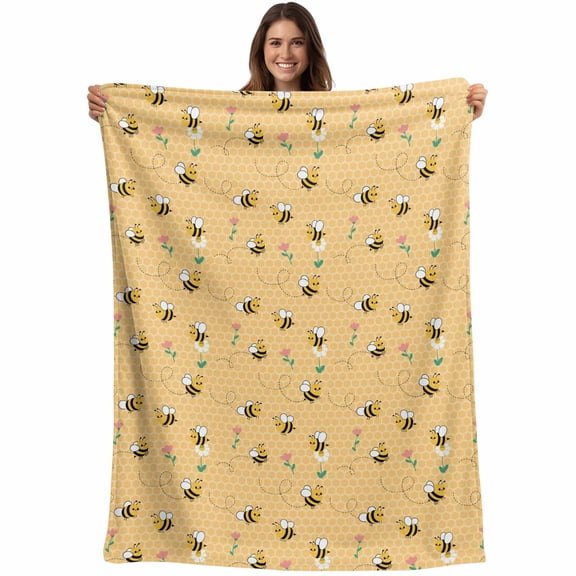 Yellow Beige Bee Blanket Soft Cozy Warm Throw Blanket for Couch, Plush Fuzzy Flannel Fleece Blankets for Sofa, Spring Floral Elegant Pastoral Flowers Bed Blankets Lightweight Gifts for Women, 50"x60"