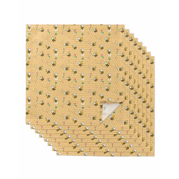 Yellow Beige Bee Cloth Napkins Set of 8 Reusable Dinner Napkins, Spring Floral Elegant Pastoral Flowers Cocktail Napkin Washable Table Napkins for Wedding/Holiday Party/Baby Shower 20"x20"