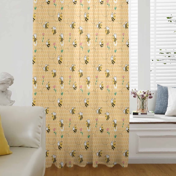 Yellow Beige Bee Sheer Curtains 54 Inches Long for Living Room/Bedroom, Spring Floral Elegant Pastoral Flowers Rod Pocket Voile Kitchen Curtains & Drapes Window Treatment 1 Panel, 52"W x 54"L