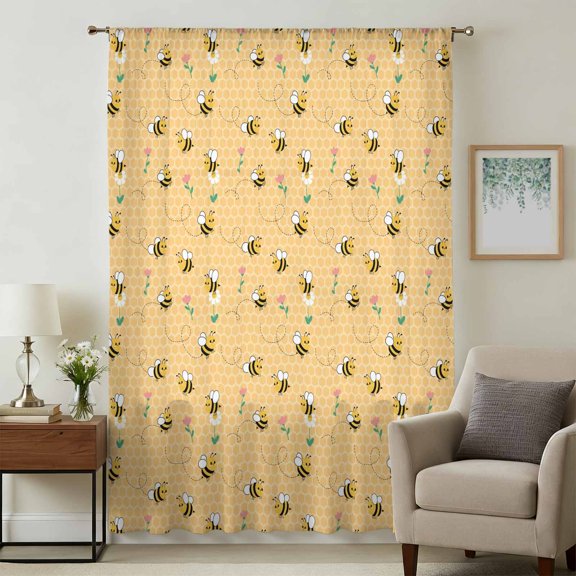 Yellow Beige Bee Sheer Curtains 54 Inches Long, Spring Floral Elegant Pastoral Flowers Light Filering Curtains, Breathable Simi Curtain Privacy Drapes for Kitchen Bathroom Small Window Treatment