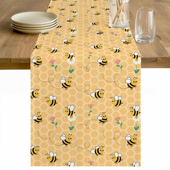 Yellow Beige Bee Table Runner 48 Inches Long Farmhouse Dress Scarves, Spring Floral Elegant Pastoral Flowers Dining Tablerunner for Coffee Table/Kitchen Island/Party Décor, 13" x 48"