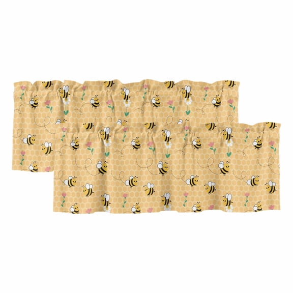 Yellow Beige Bee Valances for Windows, Decorative Rod Pocket Window Valance Curtains, Spring Floral Elegant Pastoral Flowers Short Curtain Drapes for Kitchen/Living Room, 2 Panels, 42" W x 12" L