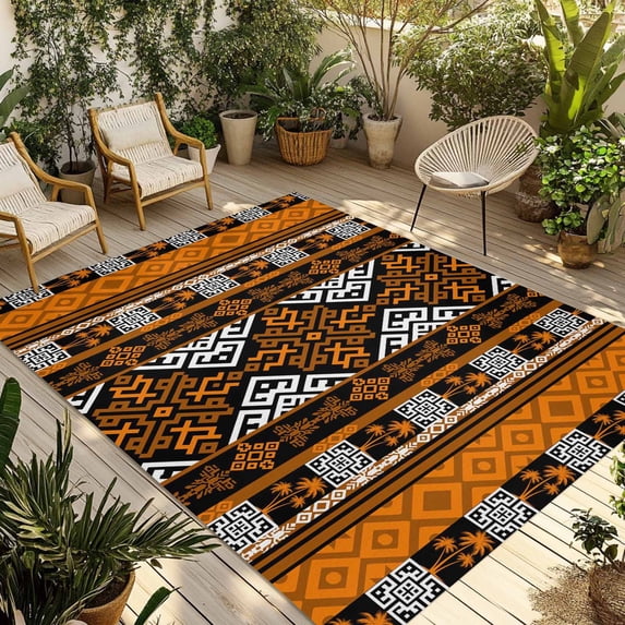 Yellow Beige Boho Outdoor Rug for Patio/Deck/Porch, Non-Slip Large Area Rug 6 x 9 Ft, Geometric Vintage Abstract Art Ethnic Indoor Outdoor Rugs Washable Area Rugs, Camping Rug Carpet Runner