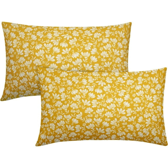 Yellow Beige Daisy Floral Lumbar Pillow Covers 12X20 Inch Vintage Flowers Pillow Cases Set of 2 Block Print Cotton Linen Throw Pillows Farmhouse Decor for Sofa Couch Porch Bed Cushion Outdoor