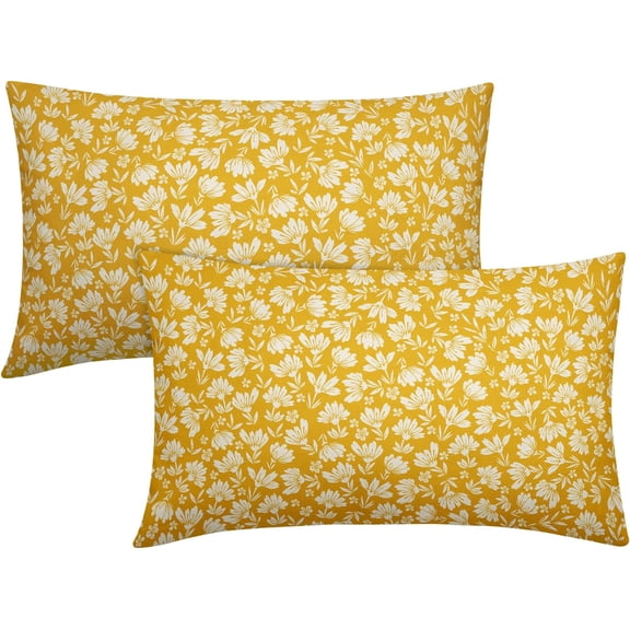 Yellow Beige Daisy Floral Lumbar Pillow Covers 12X20 Inch Vintage Flowers Pillow Cases Set of 2 Block Print Cotton Linen Throw Pillows Farmhouse Decor for Sofa Couch Porch Bed Cushion Outdoor