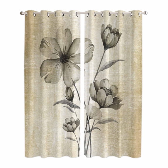 Yellow Beige Flower Kitchen Curtains 84 Inch Length, Farmhouse Shabby Chic Wildflower Grommet Top Bedroom Living Room Curtains, Light Filtering Cafe Curtain Drapes 2 Panels Set 84''x84''