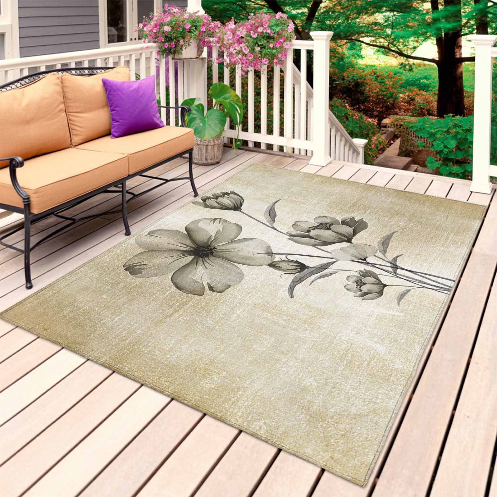 Yellow Beige Flower Outdoor Rug for Patio/Deck/Porch, Non-Slip Large Area Rug 5 x 7 Ft, Farmhouse Shabby Chic Wildflower Indoor Outdoor Rugs Washable Area Rugs, Reversible Camping Rug Carpet Runner