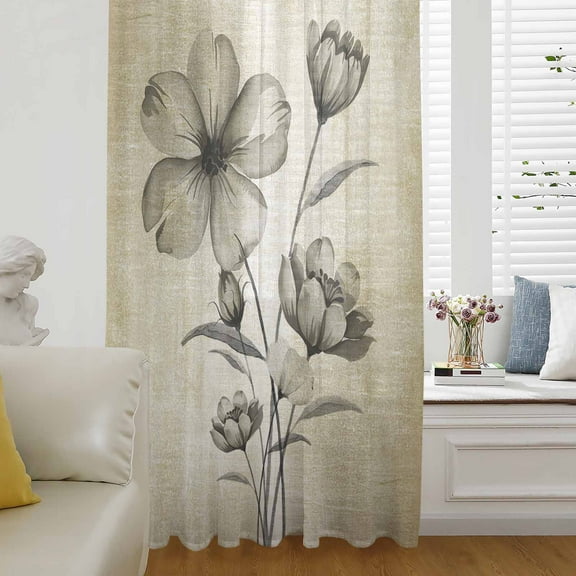 Yellow Beige Flower Semi Sheer Curtains Drapes for Living Room, Bedroom, French Doors Window 63 Inches Long, Farmhouse Shabby Chic Wildflower Rod Pocket Chiffon Curtain Drapery Voile Draperies Panel