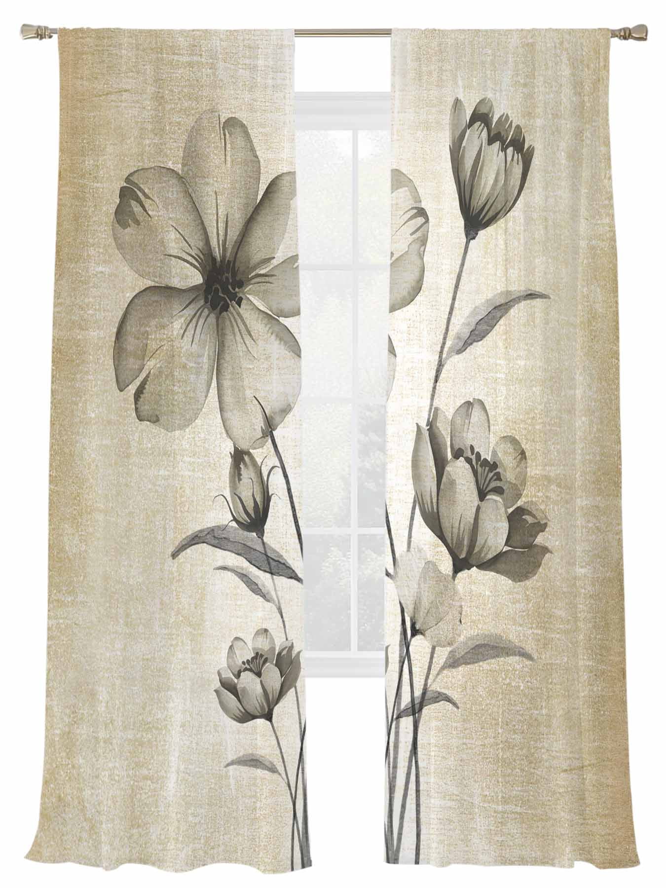 Rustic Boho Curtains 84 Inch 2 Panels - Vintage Beige Wildflower Drapes With Tassel Trim