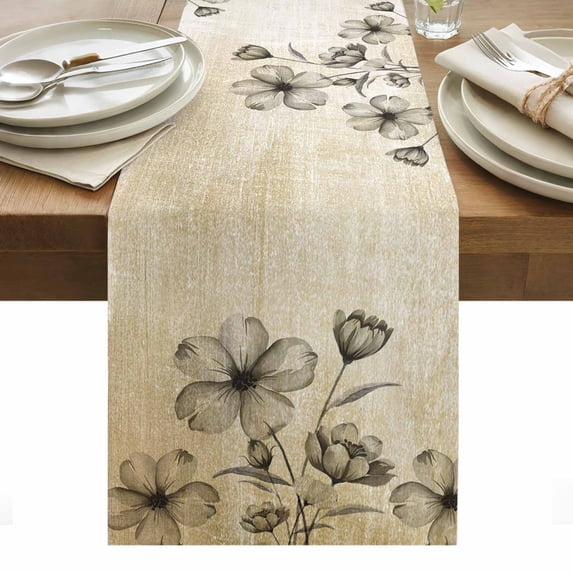 Yellow Beige Flower Table Runner - 48 Inch Long, Kitchen Dining Table Runner Dresser Scarves, Farmhouse Shabby Chic Wildflower Farmhouse Decor for Coffee Tables Wedding Party Banquet