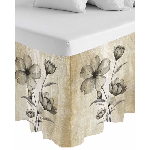 Yellow Beige Flower Wrap Around Bed Skirts for Queen Bed 16" Drop,Bed Skirt with Adjustable Elastic Belt Dust Ruffle Bed Valance for Bedroom Hotel Farmhouse Shabby Chic Wildflower Bed Frame Cover