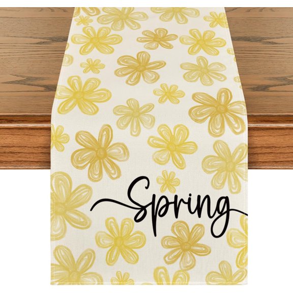 Yellow Beige Hand-Painted Daisy Flower 210 GSM Spring Table Runner, Summer Kitchen Dining Table Decoration for Home Party Decor 13x72 Inch