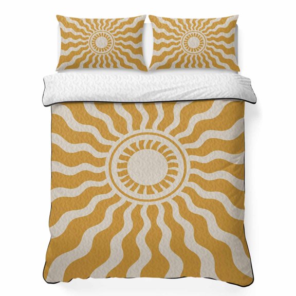 Yellow Beige Radiant Sun 3 Piece Quilt Bedding Set with 2 Pillow Shams, Abstract Wavy Sunbeams Rings Boho Eclectic Lightweight Bedspread Coverlet, Soft Breathable All Season Quilt, 96 x 106 Inch