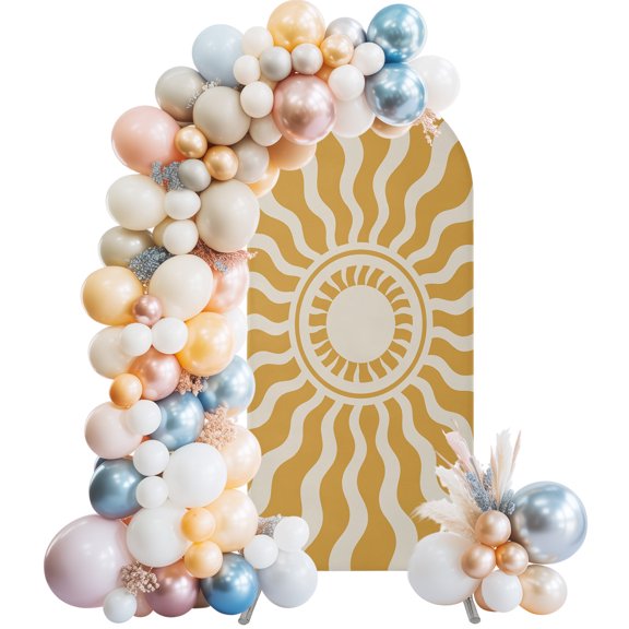 Yellow Beige Radiant Sun Arch Backdrop Cover 4 FT, Abstract Wavy Sunbeams Rings Boho Eclectic Wedding Arch Cover Stretchy Backdrop Stands Covers for Birthday Party Ceremony Banquet Decor