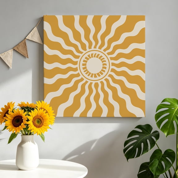 Yellow Beige Radiant Sun Canvas Wall Art, Abstract Wavy Sunbeams Rings Boho Eclectic Pictures Wall Decor Wooden Framed Artwork Art Prints for Living Room Hallway Bedroom Office 8"x8"