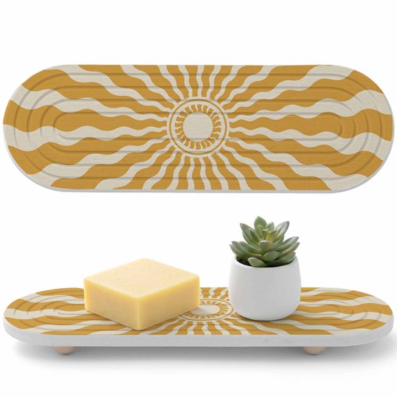 Yellow Beige Radiant Sun Diatomaceous Earth Coasters, Abstract Wavy Sunbeams Rings Boho Eclectic Water Absorbent Diatomite Coaster, Bathroom Tray Stone Dish Drying Mat Kitchen Sink Tray 12x4in