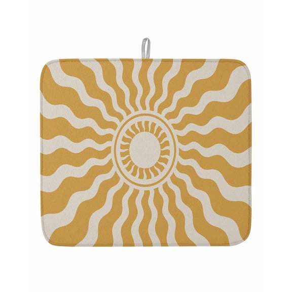 Yellow Beige Radiant Sun Dish Drying Mat 16x18 inch Abstract Wavy Sunbeams Rings Boho Eclectic Super Absorbent Microfiber Dish Drying Pad for Kitchen Countertops Sink Dish Drainer Racks 1 Pack