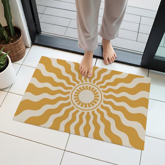 Yellow Beige Radiant Sun Indoor Door Mat 20x31.5 Inch Abstract Wavy Sunbeams Rings Boho Eclectic Front Door Mat Non Slip Washable Entryway Rug Low Profile Dirt Trapper Doormat for Kitchen Bedroom