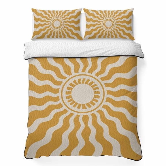 Yellow Beige Radiant Sun King Quilt Bedding Set, Abstract Wavy Sunbeams Rings Boho Eclectic Lightweight Comforter with 2 Pillow Shams Bedroom Bedspread Set Home Decor for All Seasons