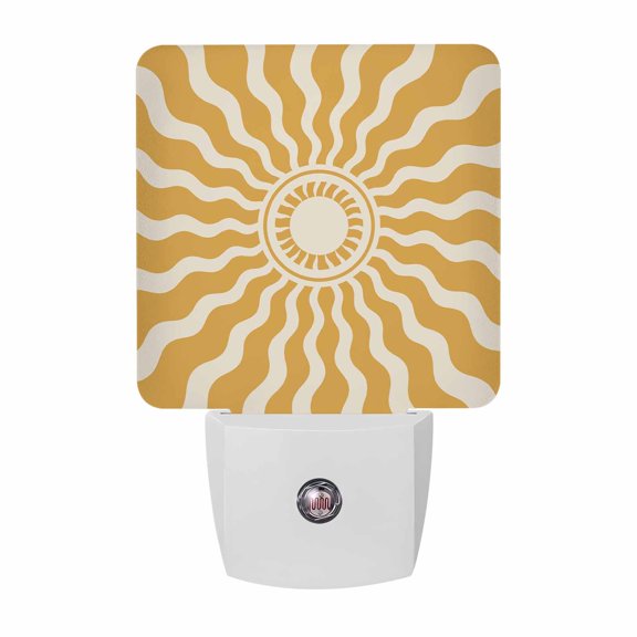 Yellow Beige Radiant Sun LED Night Light, Abstract Wavy Sunbeams Rings Boho Eclectic Night Lights plug into Wall with Smart Sensor Dusk to Dawn Sensor for Nursery Bedroom 2.95x4.5in
