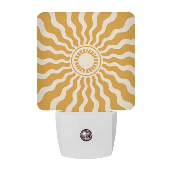 Yellow Beige Radiant Sun Night Lights, Abstract Wavy Sunbeams Rings Boho Eclectic Smart Auto Dusk to Dawn Sensor Nightlights Plug-in Nightlight for Bedroom Bathroom Living Room Kitchen Hallway