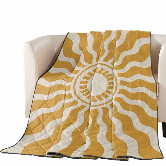 Yellow Beige Radiant Sun Quilted Comforters Cooling Blanket Queen Size, Abstract Wavy Sunbeams Rings Boho Eclectic Cold Comfort for Hot Sleepers Lightweight Air Conditioning Quilt Blanket for Bed