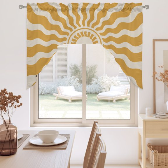 Yellow Beige Radiant Sun Swag Valance for Windows, Abstract Wavy Sunbeams Rings Boho Eclectic Swag Curtains Valances for Small Window Treatment Rod Pocket for Kitchen Bathroom 1 Panel 56x36in