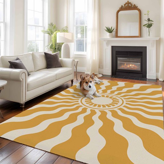 Yellow Beige Radiant Sun Washable Area Rug 5x7 Abstract Wavy Sunbeams Rings Boho Eclectic Low-Profile Large Area Rugs Non Slip Backing Indoor Floor Carpet for Entrance Living Room Bedroom Home Office