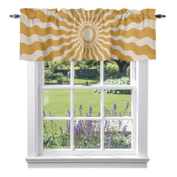 Yellow Beige Radiant Sun Window Valance for Kitchen, Abstract Wavy Sunbeams Rings Boho Eclectic Rod Pocket Short Curtains for Bathroom Bedroom Window, Light Filtering Decorative Valances, 42x12 Inch