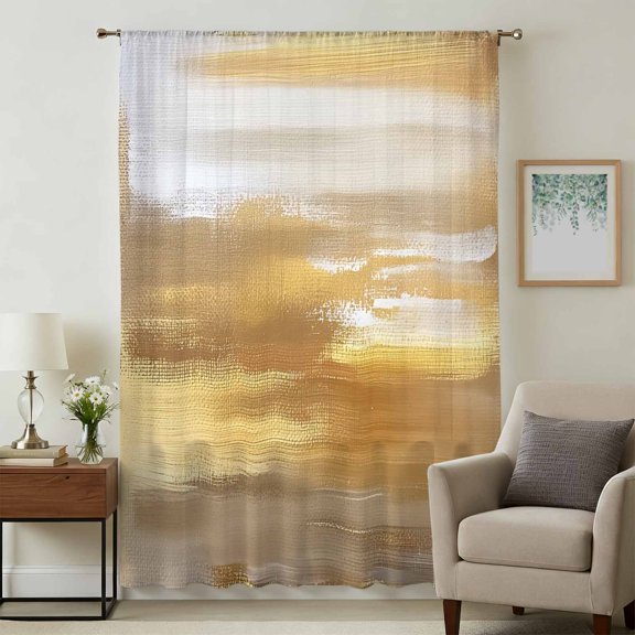 Yellow Beige Sheer Curtains 54 Inches Long, Modern Oil Painting Abstract Art Light Filering Curtains, Breathable Simi Curtain Privacy Drapes for Kitchen Bathroom Nursery Small Window Treatment