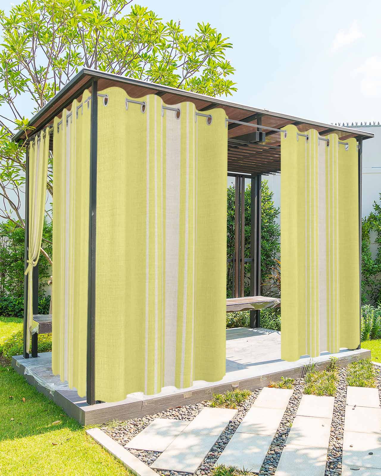 Yellow Beige Striped Outdoor Curtains for Patio, Modern Farmhouse Retro Lines Privacy Drapes Grommet Waterproof Outside Curtains for Porch/Cabana/Balcony 54"x 108", 2 Panel