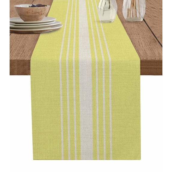 Yellow Beige Striped Short Table Runners 36 Inches, Cotton Linen Fabric Table Runner Dresser Scarf, Farmhouse Retro Lines Modern Tablerunner for Party/Kitchen/Dinner/Wedding Decor 13''x36''